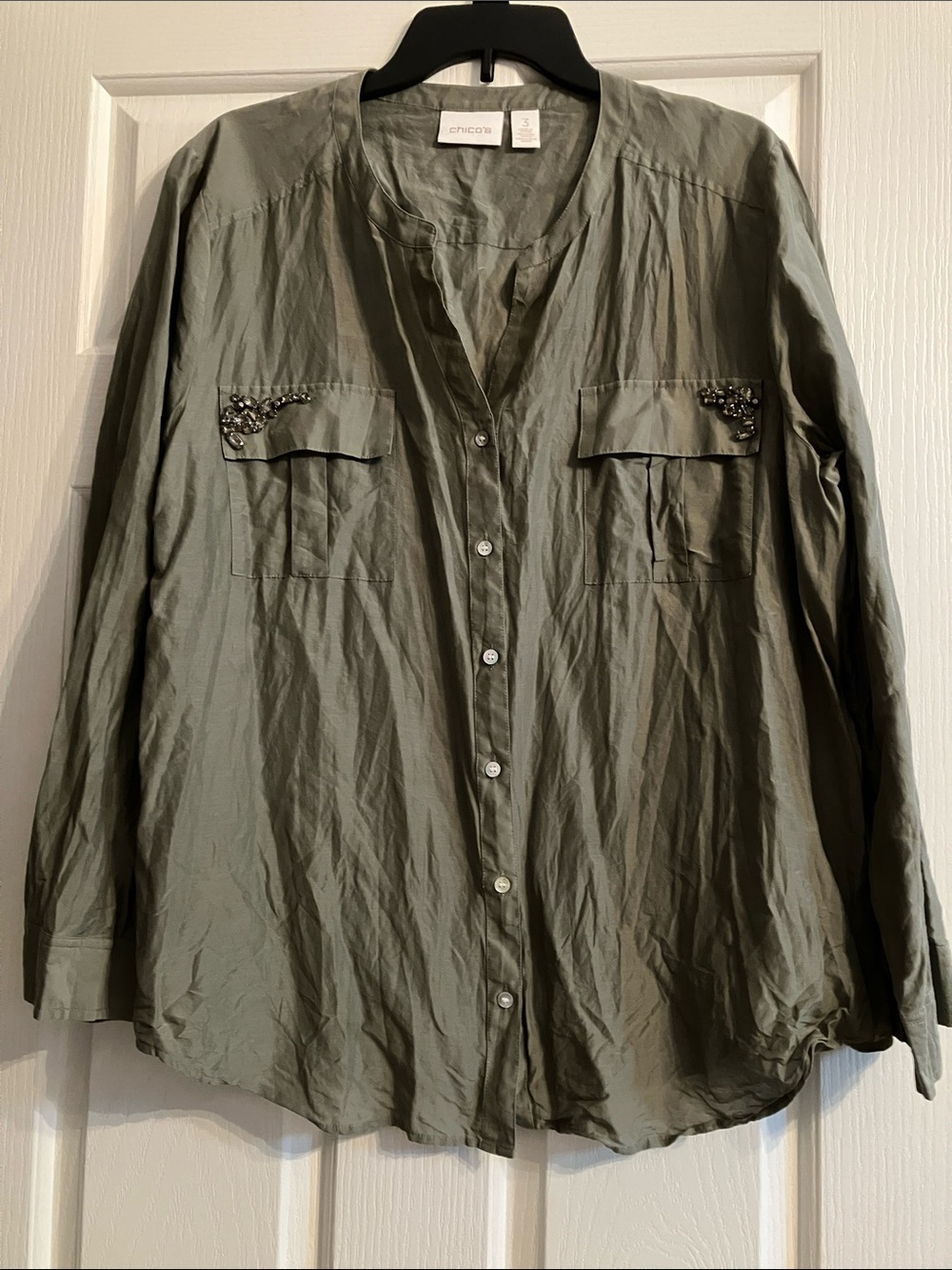 Chico's Olive Green Beaded Pocket Crinkle Button-Down Shirt
